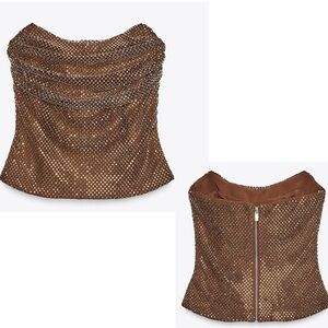 Zara Brown Bronze Crystal Rhinestone Bustier Corset Strapless Draped Top XXL NWT